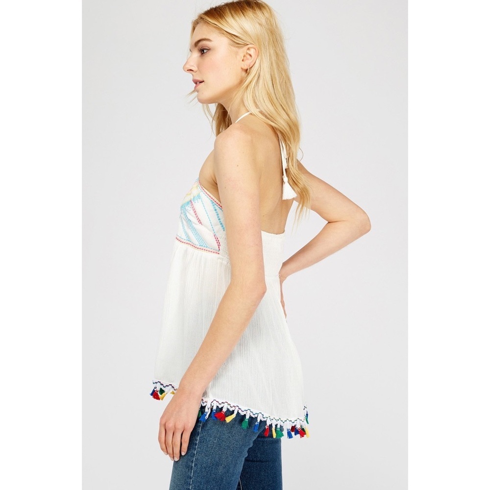 Tassel Hem Embroidered Detail Halter Top - Picture 4 of 8
